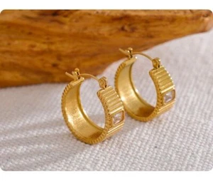 CZ Charm 18k Yellow Gold Plated Large Solid Hoop Earrings Fine Jewelry for Women - Picture 1 of 16