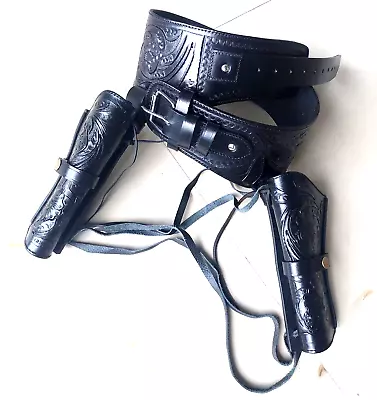 Dual Gun Holster Belt Leather Revolver Tooled .22 .35/357 .44/45 Cal Western - Image 1 of 4