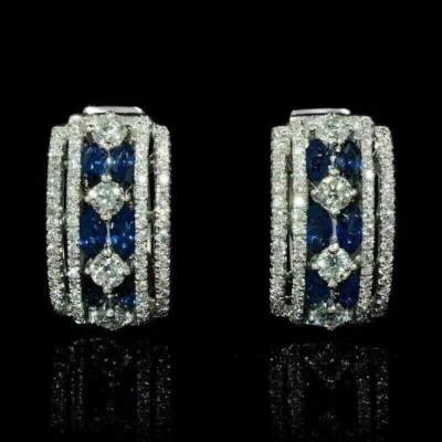 Aretes tipo argolla Huggie redondos de plata blanca 925 con zafiro azul y diamantes de 3 quilates para mujer Foto 1 de 3