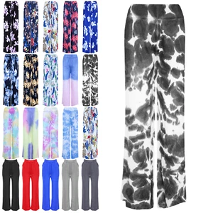 Palazzo Wide Leg Flared Ladies Tie Dye High Waisted Womens Baggy Trousers Pants - Picture 1 of 30