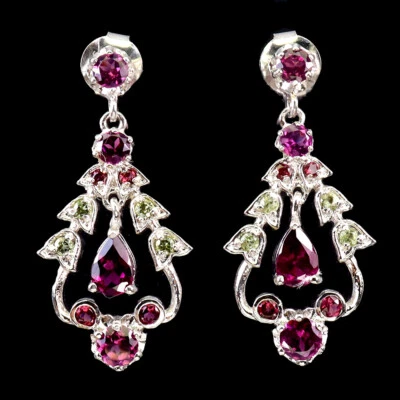 925 Sterling Silber Ohrringe Birne Rhodolit Granat Peridot Natürlicher Edelstein - Bild 1 von 4