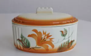 Steingutfabrik Grünstadt Art Deco Deckeldose Bonboniere Oval Spritzdekor geblümt - Bild 1 von 8
