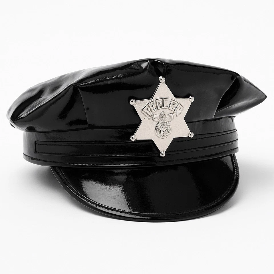 Vinyl Police Officer Hat Cap Costume Dominatrix Peeler Cop Patent Leather Black - Image 1 of 4