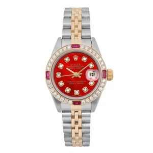 Rolex Datejust 26mm 18K Yellow Gold Steel Custom Red Dial Ladies Watch 69173 - Picture 1 of 6