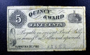 1862 Note -5 Cent Rumney, NH Note Quincy & Ward - Ungraded F - Picture 1 of 2
