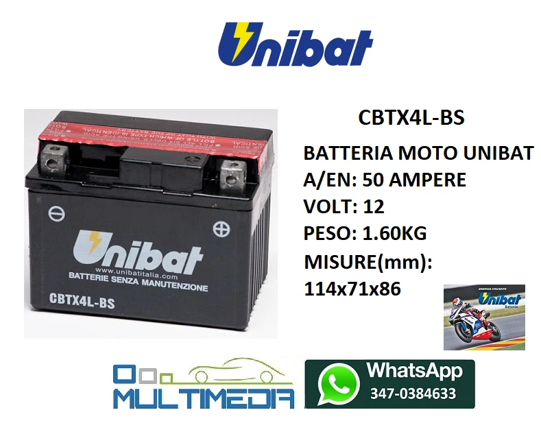 BATTERIA UNIBAT PER PIAGGIO FREE DELIVERY 50CC CBTX4LBS 12V 3 AH SPUNTO 50A  - Immagine 1 di 1