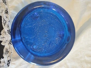 Vintage Cobalt Blue MCM Glass Ashtray Large 9" Diameter With Ram Etching  - Picture 1 of 4