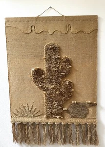 Large Vintage Wall Hanging Southwest Woven Jute Textured Cactus Tapestry 45 X 31 - Picture 1 of 4