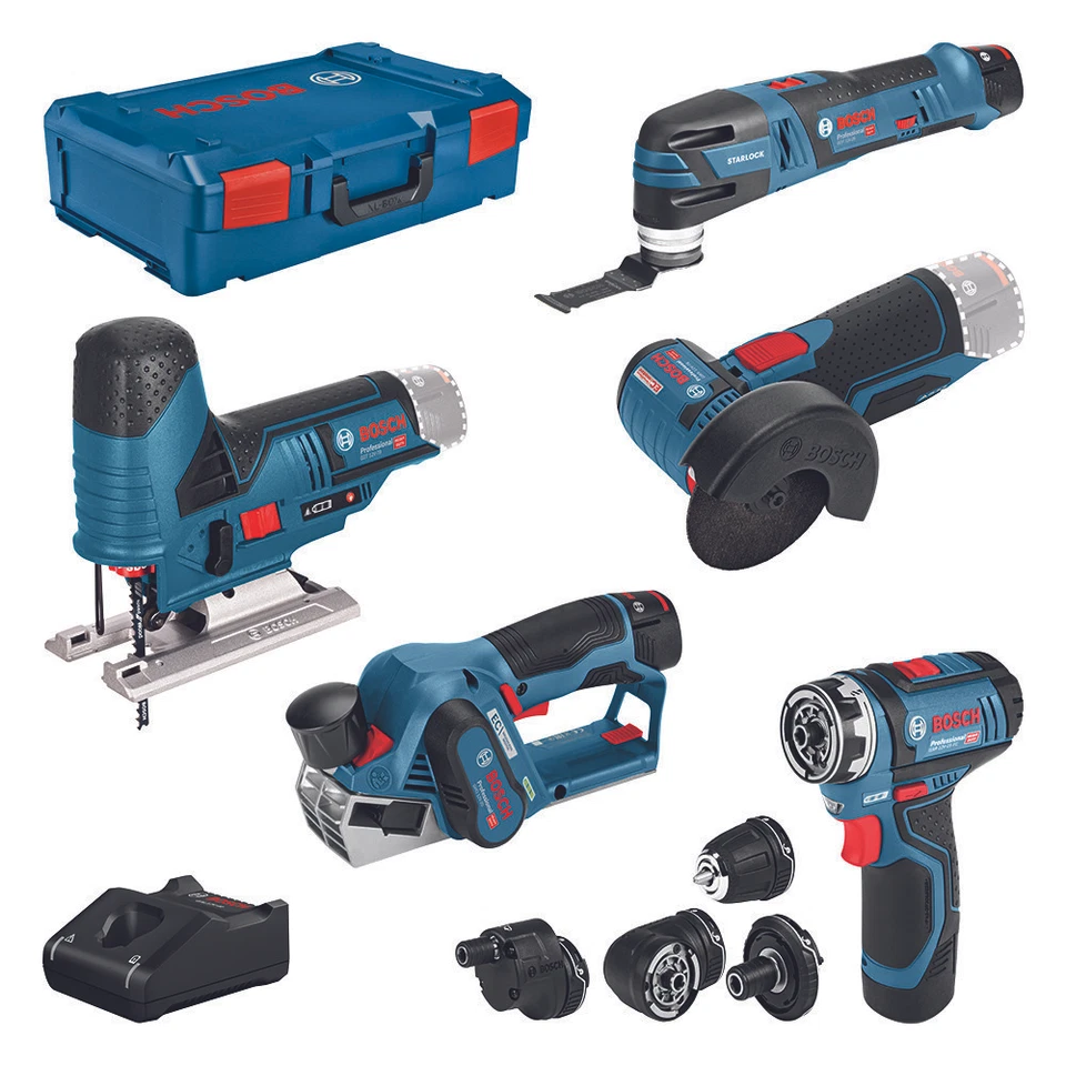 Bosch 5er Werkzeug-Set 12V: GSR + GOP + GHO + GWS + GST + 3x GBA + GAL + XL-BOXX - Bild 1 von 1