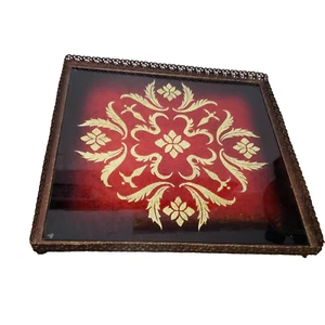 Bandeja cuadrada de vidrio dorado rojo de metal de colección Art Deco 12,5"D - Imagen 1 de 19