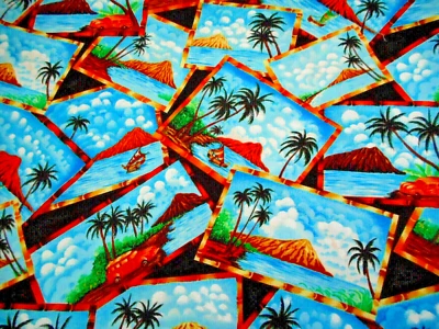 Tropical Fabric 1 3/8 Yard Hawaiian Tree Boat Ocean Picture Black Cotton Vtg #C - Image 1 of 2