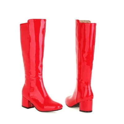 Botas hasta la rodilla de charol de tacón ancho para mujer punta redonda cremallera lateral zapatos talla Foto 1 de 4