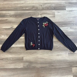 Francesca Rose Women’s Black Holly Mistletoe Cherry Sweater Size Medium Cardigan - Picture 1 of 11
