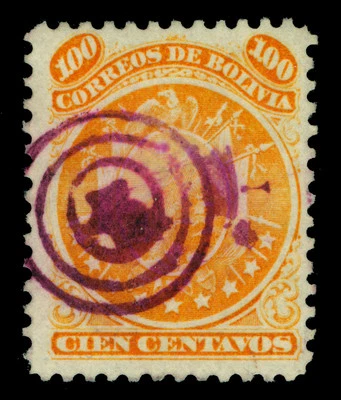 BOLIVIA 1890 CONDOR  100c yellow  Sc# 34 used - Fancy violet star target cancel - Image 1 of 2