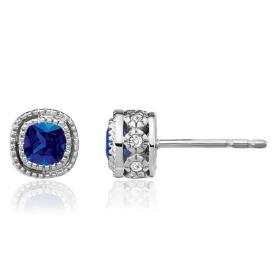 10K Solid White Gold Cushion-Cut Blue Sapphire Diamond Stud Solitaire Earrings - Image 1 of 4