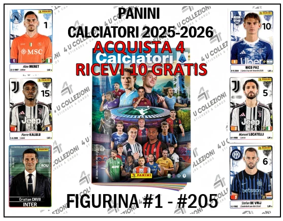 PANINI CALCIATORI 2025-2026 FIGURINE A SCELTA #1-#205  PRENDI 4 + 10 GRATIS - Immagine 1 di 1