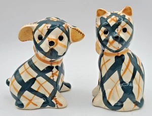 Brayton Laguna Pottery Plaid Gingham Cat & Dog Salt & Pepper Shakers Vtg 1950's - Picture 1 of 8