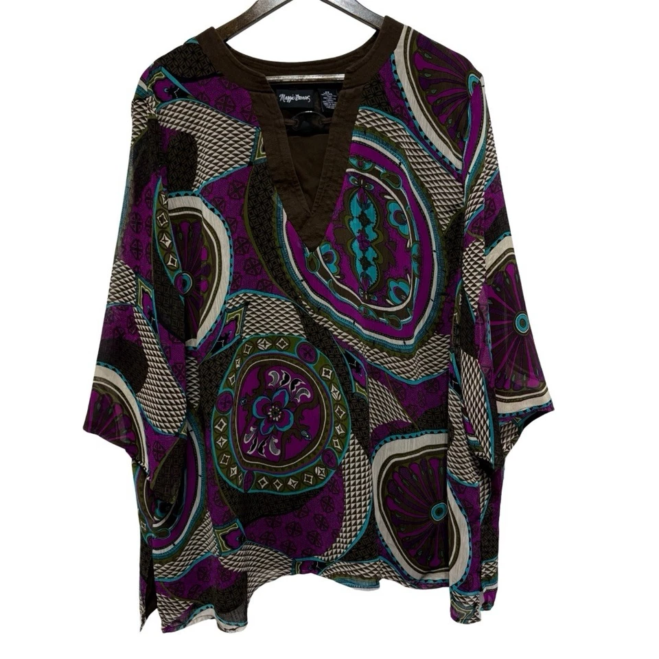 Maggie Barnes Blouse Womens 2X Purple Brown Geometric Artsy Sheer Flare Sleeves - Image 1 of 4