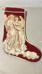Calza natalizia vintage punto ago angeli supporto velluto beige - Foto 1 di 5