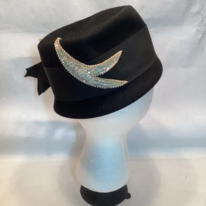 1940’s Evelyn Varon Hat Sequin & Pearl Black Wool Small Union Made READ!! - Picture 1 of 7