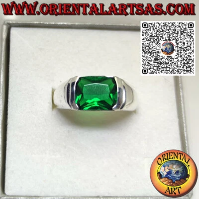 Anello in Argento 925‰  con Smeraldo sintetico rettangolare incastonato di trave - Immagine 1 di 4