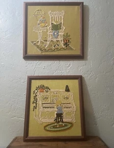 Pair of vintage embroidered pictures wall art Girl Reading And Plying Piano - Picture 1 of 10