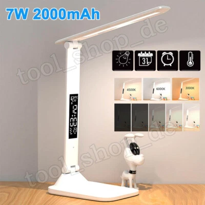 USB Akku LED Schreibtischlampe Dimmbar Tischlampe mit Time Temperatur Display 7W - Bild 1 von 4