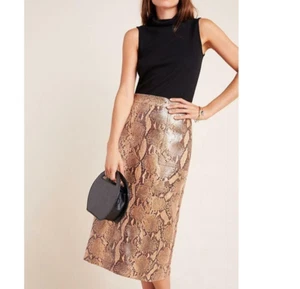 Anthropologie Snake Print Faux Leather Pencil Skirt 12 Brown Knee Length Vegan - Picture 1 of 8