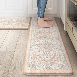 Kitchen Rugs Non Slip, Cushioned Kitchen Floor Mats Set of 2, Pink Anti-Fatigue - Picture 1 of 7
