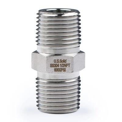 U.S. Solid 304 Stainless Steel Fitting Hex Nipple, NPT 1/2" Male x 1/2" Male