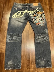 Ed Hardy 2008 Y2K Jerry Skull/Eagle/Snake Jeans Mens Size 40x34Blue Distressed - Picture 1 of 10