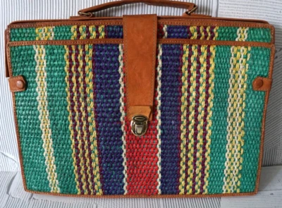 Maletín Vintage Cuero Tejido Color Paja Bambú Mango Cierre a Presión Retro Foto 1 de 4