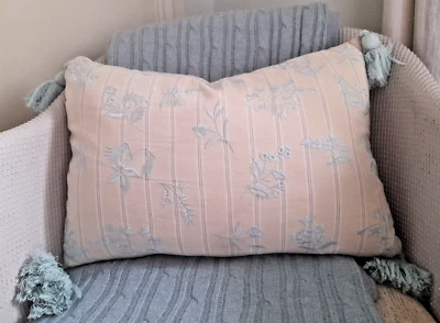 Laura Ashley Beige & Blue  Floral Embroidered Cushion & Feather Liner 18 X 13in - Image 1 of 4