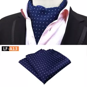 Classic Men's Ascot Cravat Tie Silk Polka Dot Blue Scarf Cravat Hanky Set - Picture 1 of 1