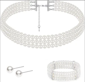 White Pearl Choker Necklace Multi Strand Pearl choker Necklace Short Pearl Neckl - Picture 1 of 4