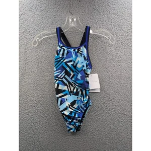 Dolfin Girls One Piece Blue Black and White Swimsuit sz 24 Training Competition - Picture 1 of 10