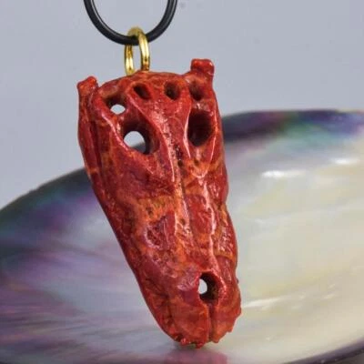 Colgante Reptil-Cráneo Tallado Esponja Roja Coral Oro Vermeil Sobre Esterlina 18.20g Foto 1 de 4
