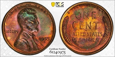 1955-S Lincoln Wheat Cent MS65RB Green Toned PCGS TrueView - Image 1 of 4
