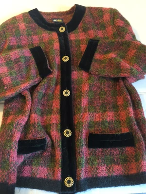 Vintage 80's Mohair Blend Cardigan Sweater XL Velvet Trim Laganlook Cozy Relaxed - Image 1 of 4