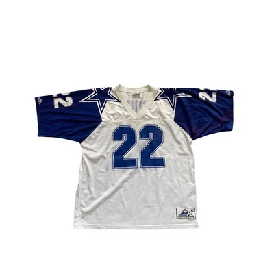 Camiseta de fútbol americano de los Dallas Cowboys NFL de la década de 1990 Emmitt Smith 22 blanca azul Apex XL Foto 1 de 4