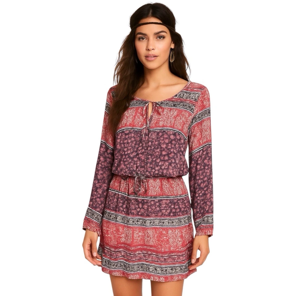 Bohemian Boho 迷你连衣裙 S 码 Blouson 腰部农民长袖红色紫色 — 第 1/4 张图片