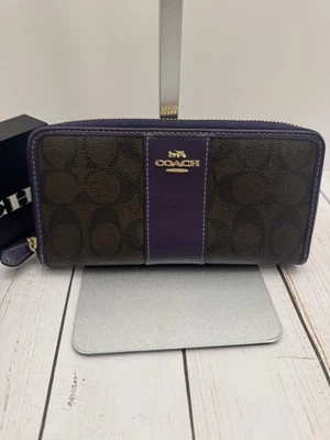 Coach Beige Purple Trim Coated Canvas Accordion Zip Wallet 8x4x1" F54630 VGUC - Image 1 of 4