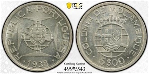 MOZAMBIQUE 1938 5 Esc. SILVER, PCGS MS62 (Circulation Strike) - Picture 1 of 1