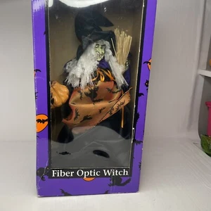 Halloween Vintage Fiber Optic 13" Witch Holding Pumpkin Broom Light Up Colors - Picture 1 of 9