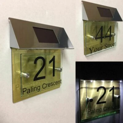 MODERN HOUSE SIGN PLAQUE DOOR NUMBER STREET GOLD METAL GLASS EFFECT SOLAR LIGHT - Image 1 of 3