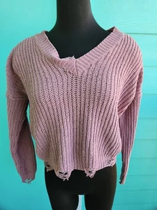 Derek Heart Distressed Chunky Knit V-Neck Sweater Mesa Rose Women's Size Small S - Picture 1 of 10