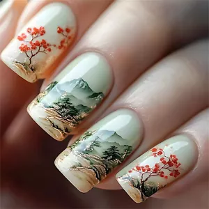 Short Square Press-On Fake Nail Mountain Forest Retro Glossy Manicure 24pcs - Picture 1 of 7