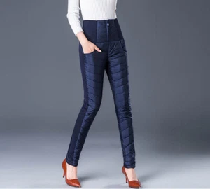 Lady Windproof Quilted Padded Pants Puffer Trousers Elastic High Waist Thermal - Picture 1 of 22