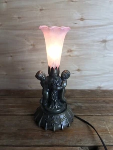 Twin Cherubs Angels Accent Lamp Bronzed Metal Art Pink Tulip Glass Shade - Picture 1 of 17