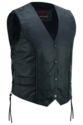 Women Motorcycle Black Leather Vest with Side Laces and concealment Pockets - Image 1 of 4